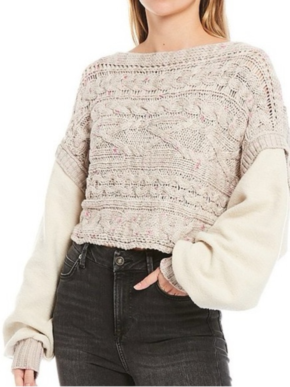Sweet Lemon Oversized Kable Knit Fleece Sleeve Cropped Sweater Size S